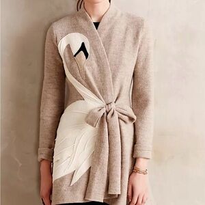 Anthro Swan Appliqué Wool Sweater Coat